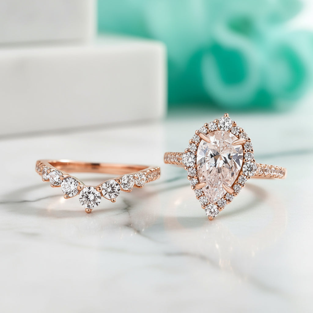 Elegant Pear Cut 2.2 Carat Halo Vintage Style Bridal Ring Set-Evani Naomi Jewelry