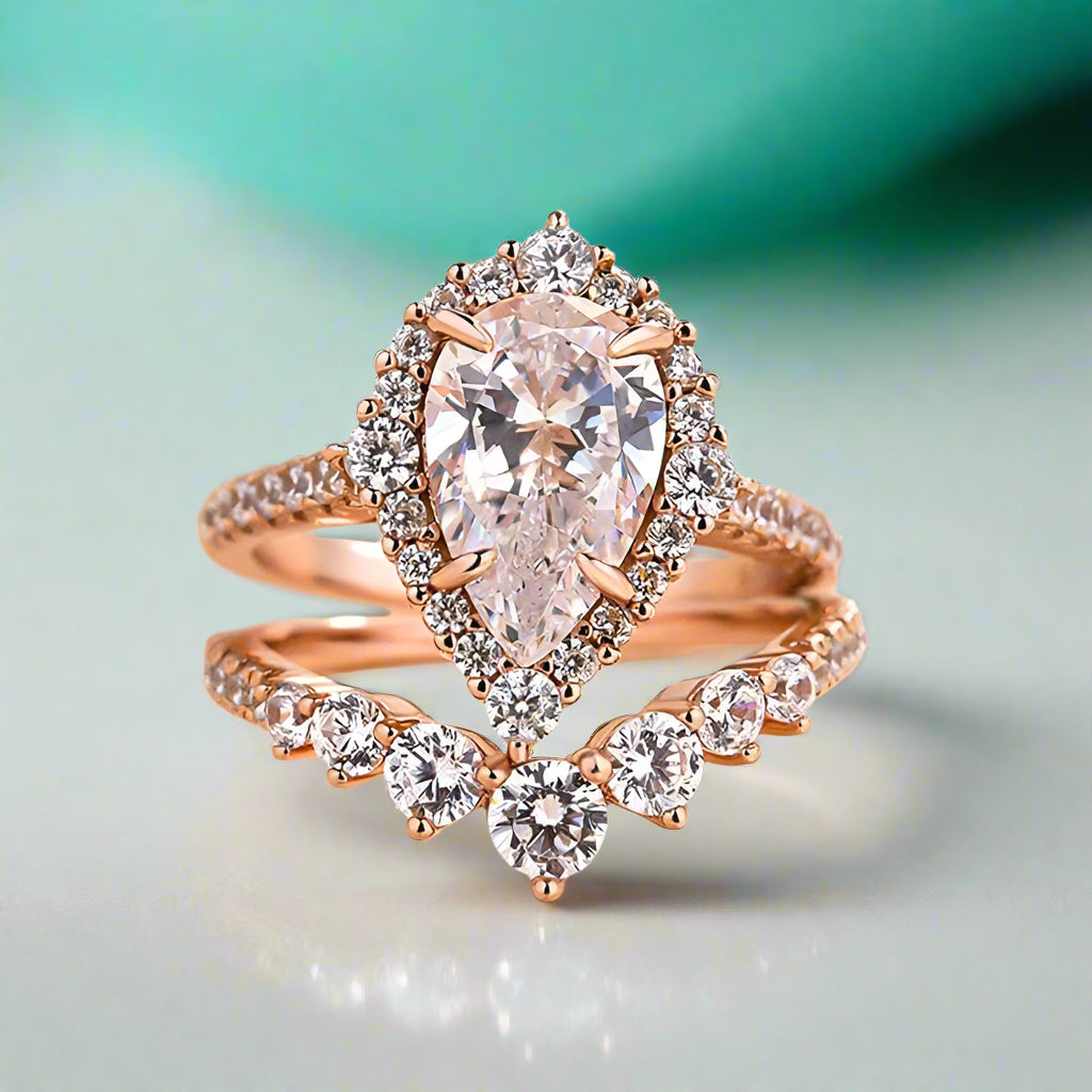 Elegant Pear Cut 2.2 Carat Halo Vintage Style Bridal Ring Set-Evani Naomi Jewelry