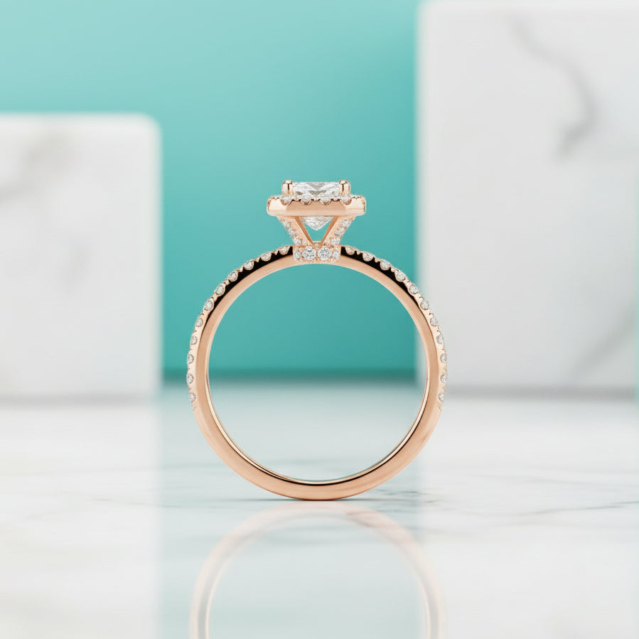 Elongated Classic Rose Gold Halo Diamond Radiant Cut Engagement Ring-Evani Jewelry