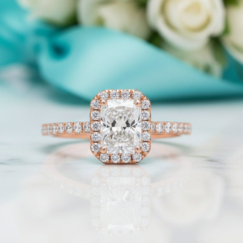 Elongated Classic Rose Gold Halo Diamond Radiant Cut Engagement Ring-Evani Jewelry