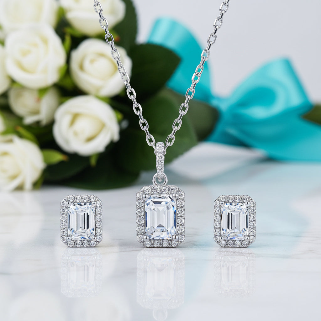 Emerald-cut 1.0 ct Diamond Halo Jewelry Set-Evani Jewelry