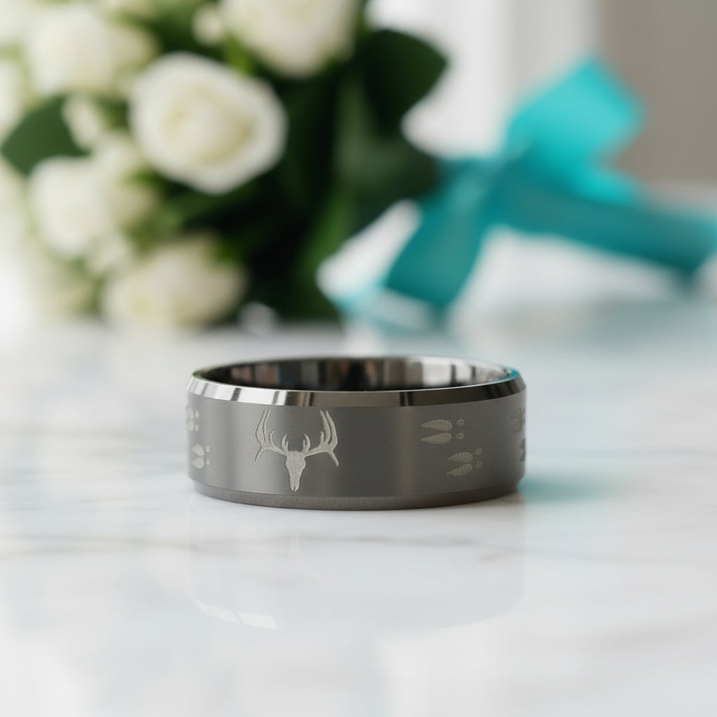 Engraved Deer 8mm Tungsten Men's Wedding Band-Evani Jewelry
