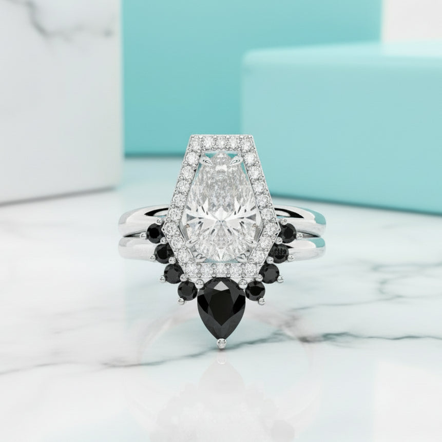 Faithfulness Gothic Wedding Rings in 14k Gold 1ct Black Pear Cut Diamond Birthstone-Evani Jewelry