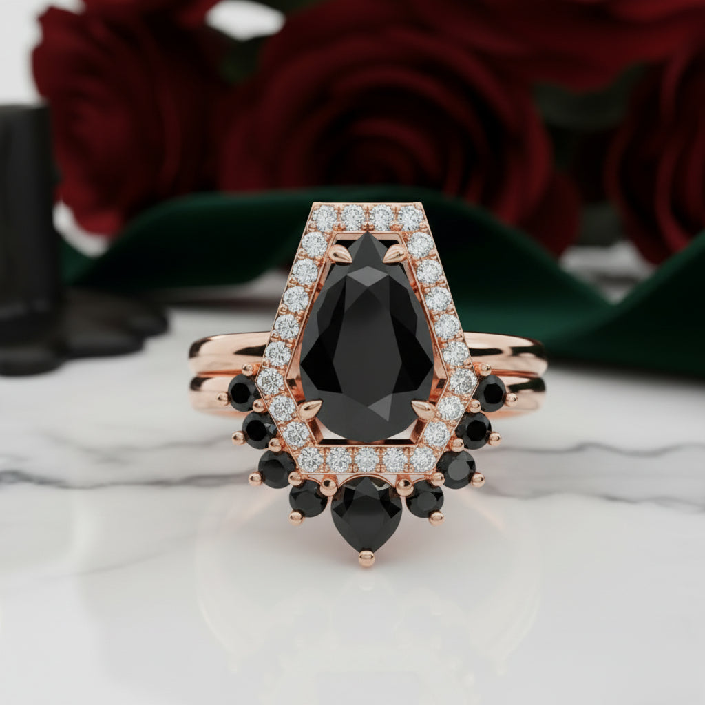 Faithfulness Gothic Wedding Rings in 14k Gold 1ct Black Pear Cut Diamond-Evani Jewelry