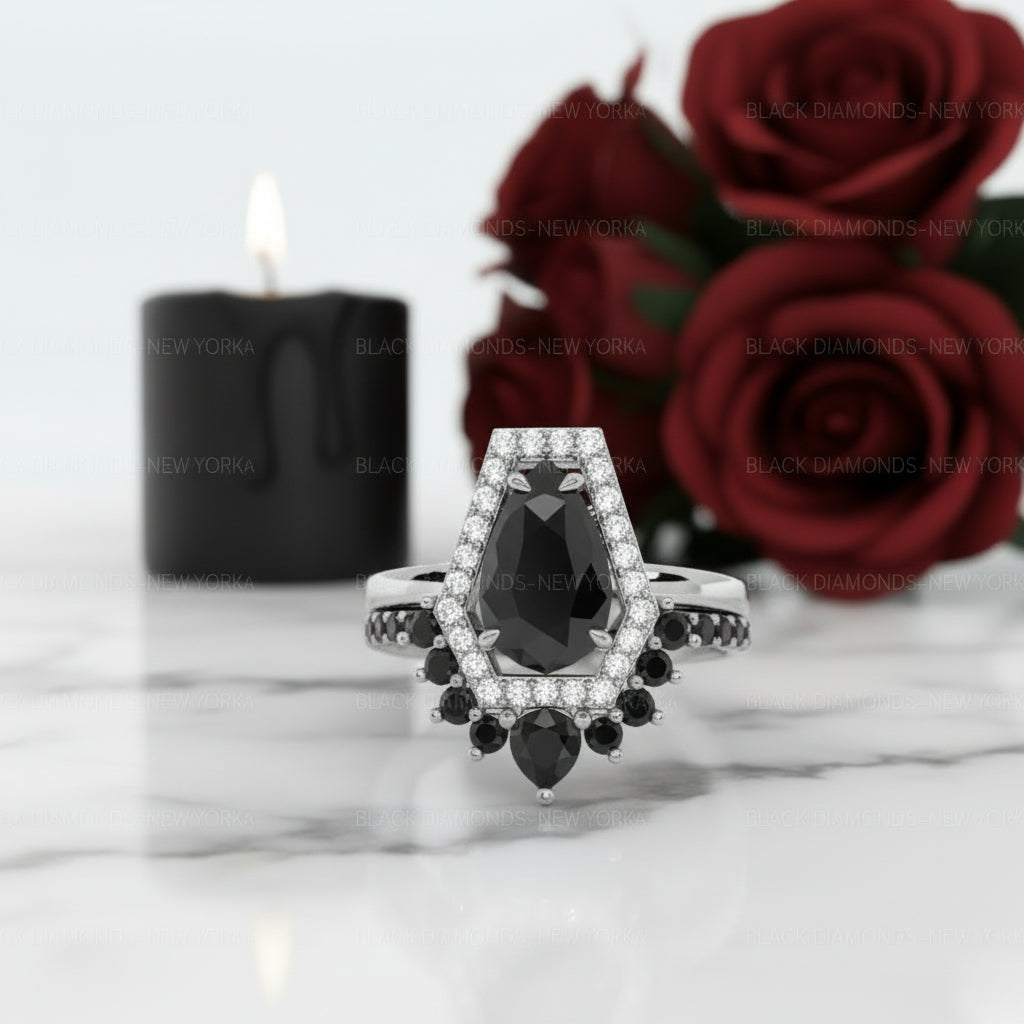 Faithfulness Gothic Wedding Rings in 14k Gold 1ct Black Pear Cut Diamond-Evani Jewelry