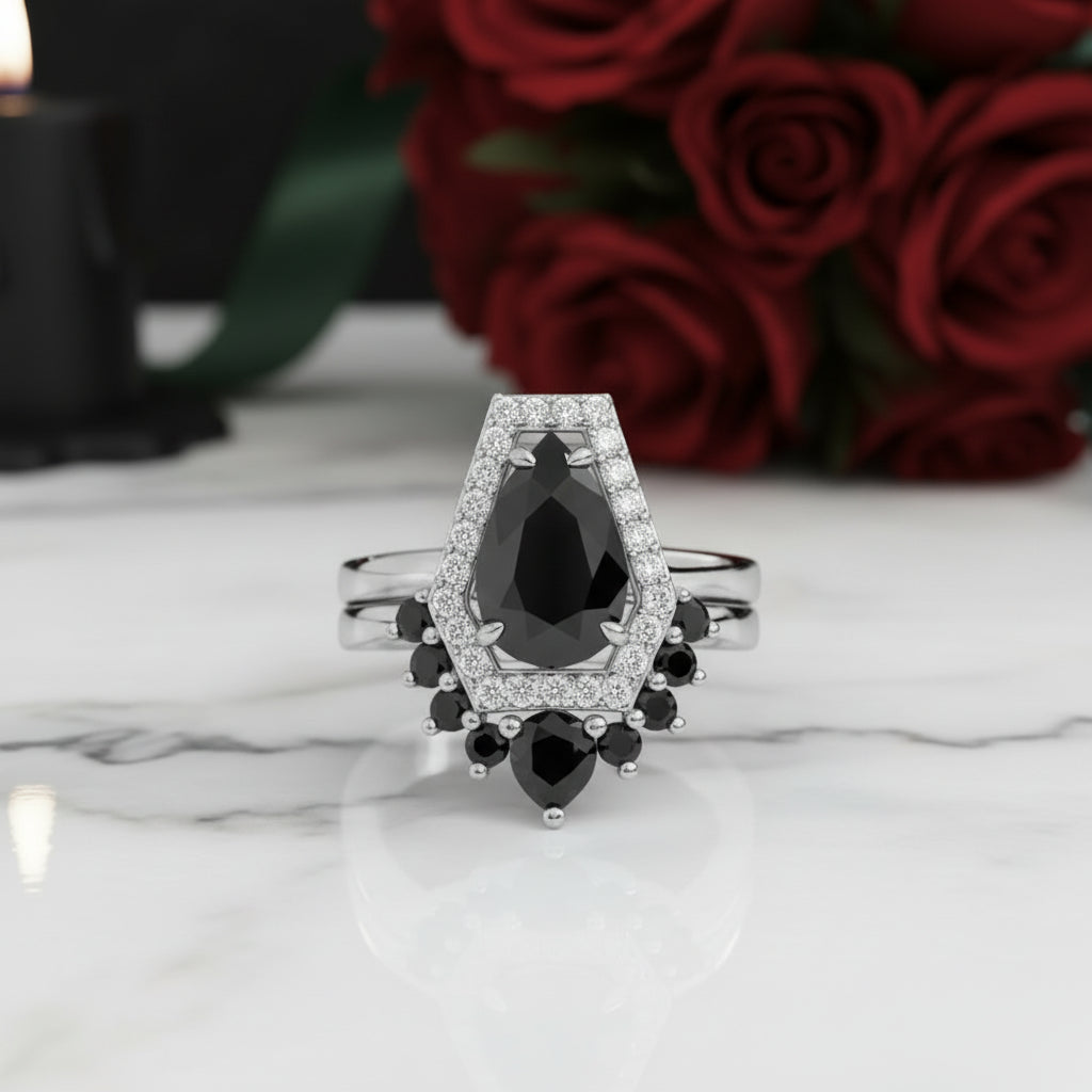 Faithfulness Gothic Wedding Rings in 14k Gold 1ct Black Pear Cut Diamond-Evani Jewelry