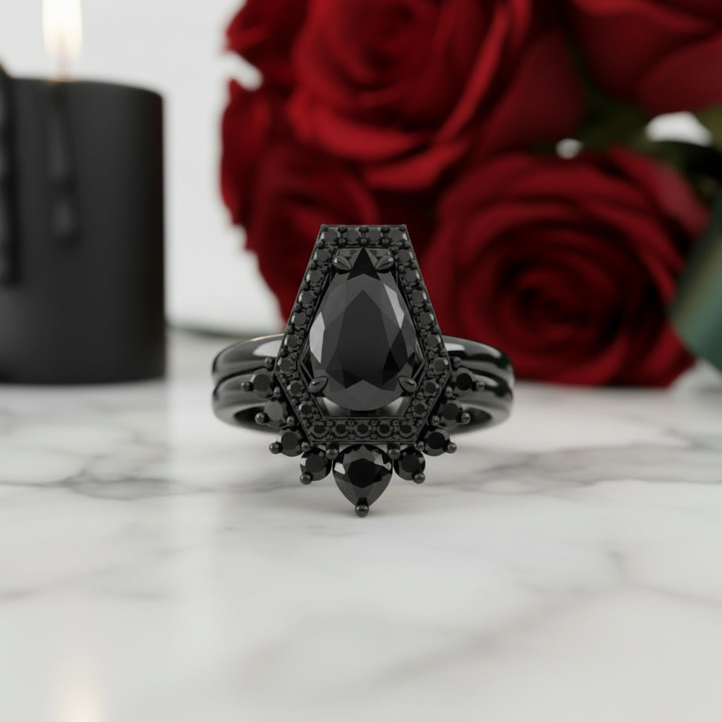 Faithfulness Gothic Wedding Rings in 14k Gold 1ct Black Pear Cut Diamond-Evani Jewelry