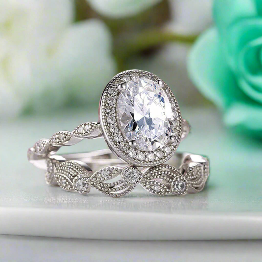 Flash Sale- 1.5 Ct Vintage Oval Cut Art Deco Wedding Ring Set-Evani Naomi Jewelry