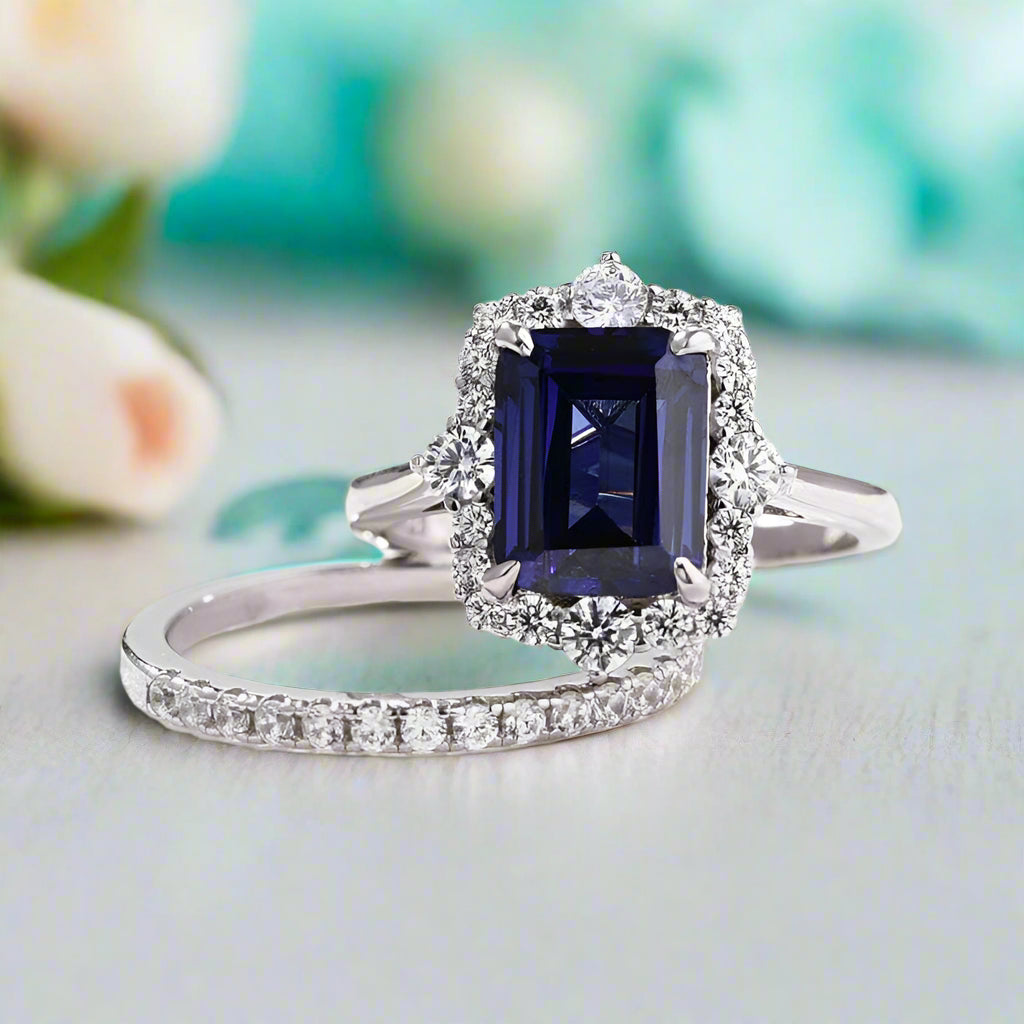 Flash Sale- 3.0 ct Emerald Cut Halo Blue Sapphire Wedding Ring Set-Evani Naomi Jewelry