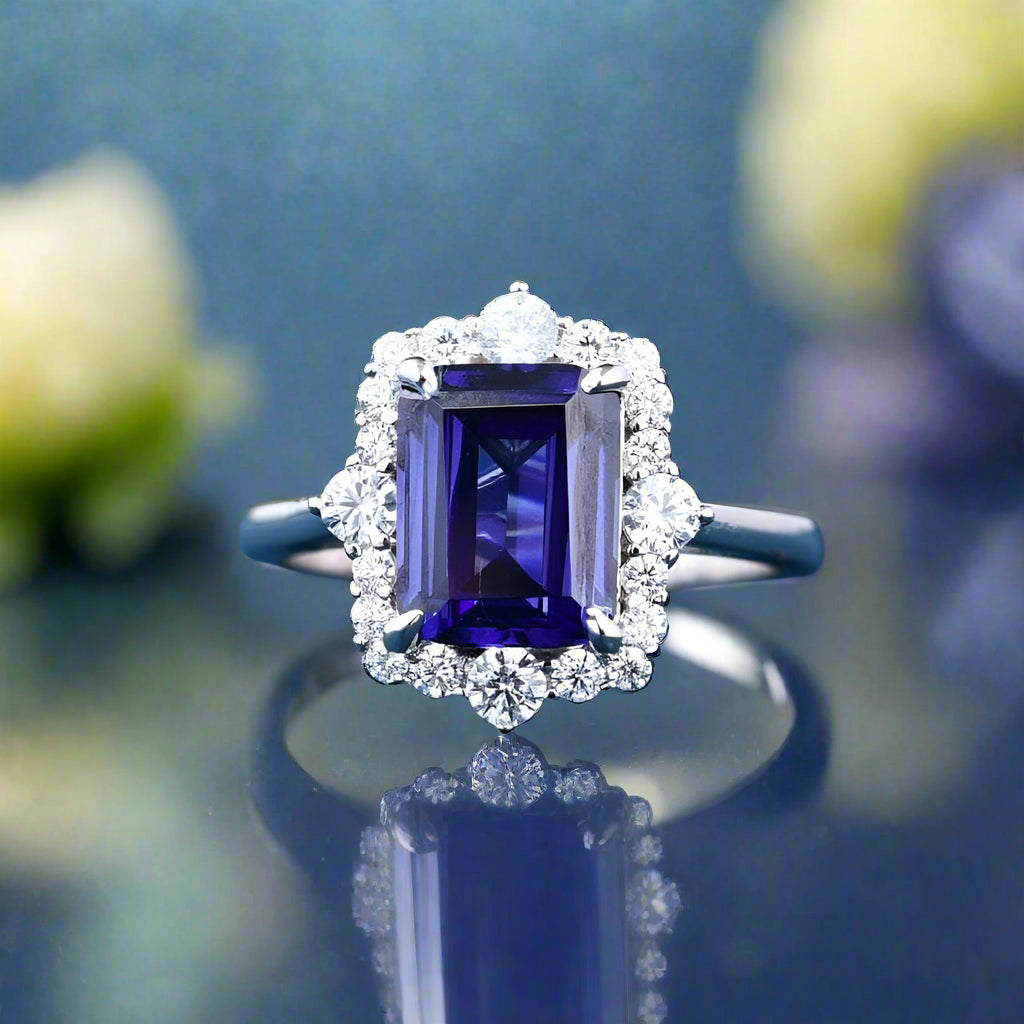 Flash Sale- 3.0 ct Emerald Cut Halo Blue Sapphire Wedding Ring Set-Evani Naomi Jewelry