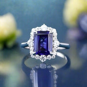 Flash Sale- 3.0 ct Emerald Cut Halo Blue Sapphire Wedding Ring Set-Evani Naomi Jewelry