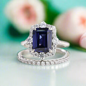 Flash Sale- 3.0 ct Emerald Cut Halo Blue Sapphire Wedding Ring Set-Evani Naomi Jewelry