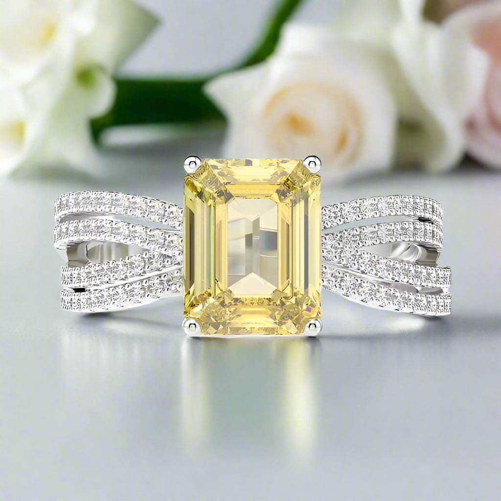 Flash Sale- 3.0 ct Emerald Cut White Gold Simulated Yellow Sapphire Engagement Ring-Evani Naomi Jewelry
