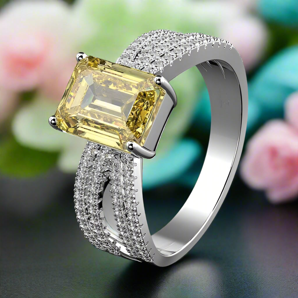 Flash Sale- 3.0 ct Emerald Cut White Gold Simulated Yellow Sapphire Engagement Ring-Evani Naomi Jewelry