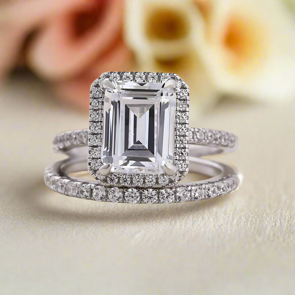 Flash Sale- 4.0 Ct Halo Emerald Cut Diamonds Wedding Ring Set-Evani Naomi Jewelry