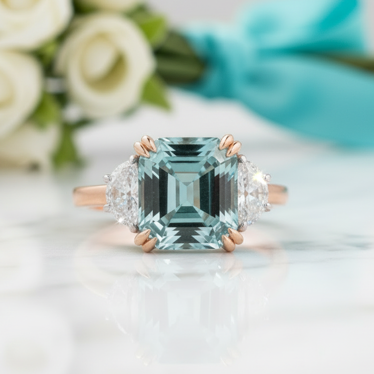 Flash Sale- 4.5 ct Asscher Cut Three Stone Emerald Engagement Ring-Evani Jewelry