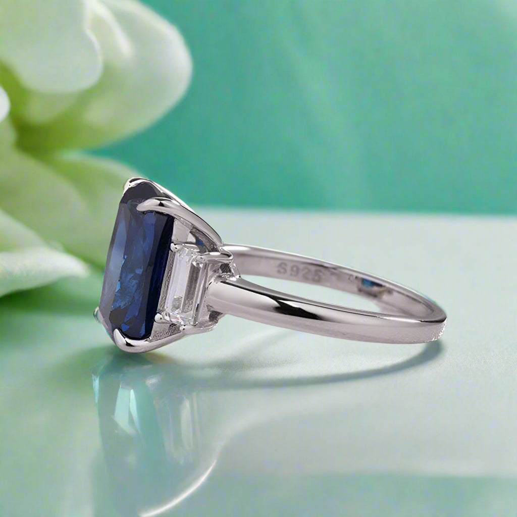 Flash Sale- 5.0 ct Three Stone Cushion Cut Blue Sapphire Engagement Ring-Evani Naomi Jewelry