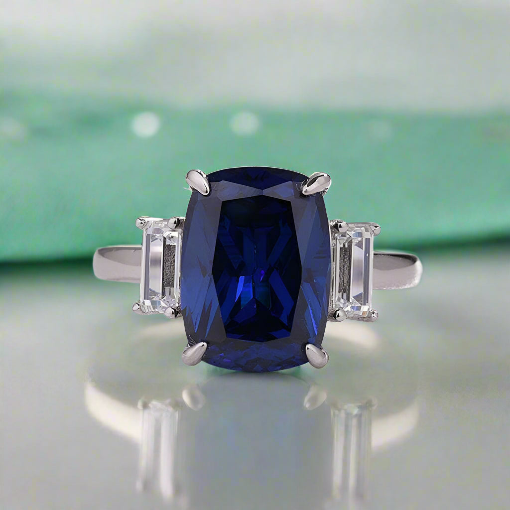 Flash Sale- 5.0 ct Three Stone Cushion Cut Blue Sapphire Engagement Ring-Evani Naomi Jewelry
