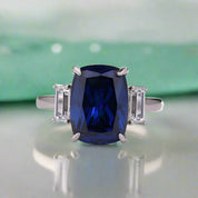 Flash Sale- 5.0 ct Three Stone Cushion Cut Blue Sapphire Engagement Ring-Evani Naomi Jewelry