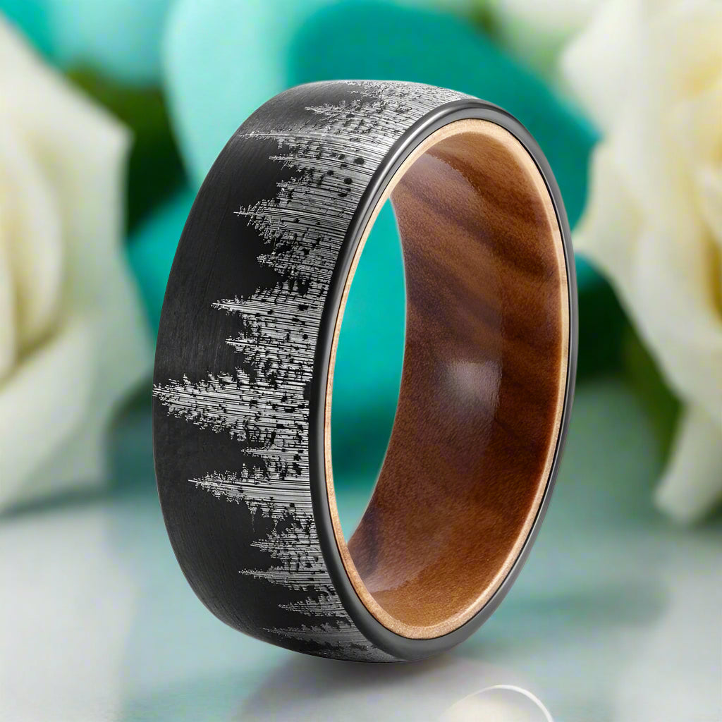 Flash Sale- 8mm Tungsten With Solid Inner Wood Laser Forest Pattern Band-Evani Naomi Jewelry