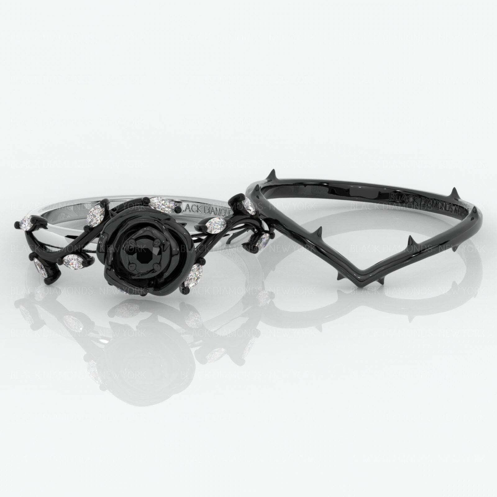 Flash Sale- Black Rose Gothic Wedding Rings in 14k Gold .50 ct Round Cut Diamond-Evani Naomi Jewelry