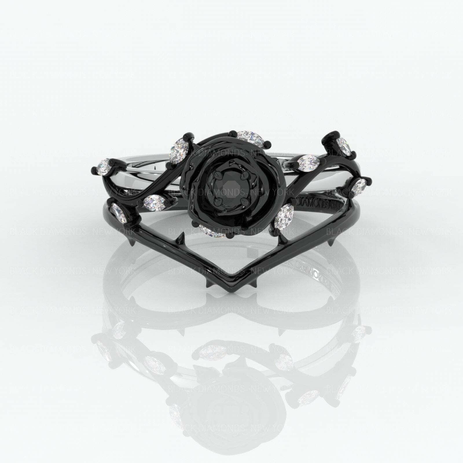 Flash Sale- Black Rose Gothic Wedding Rings in 14k Gold .50 ct Round Cut Diamond-Evani Naomi Jewelry