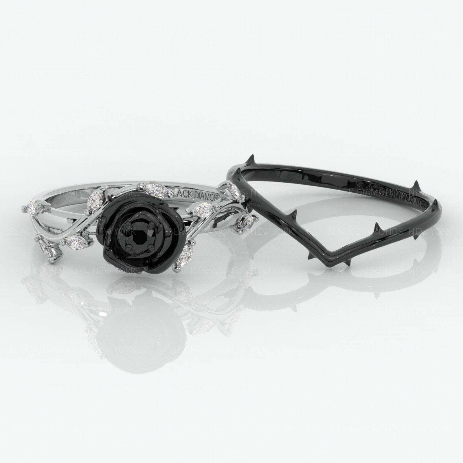 Flash Sale- Black Rose Gothic Wedding Rings in 14k Gold .50 ct Round Cut Diamond-Evani Naomi Jewelry