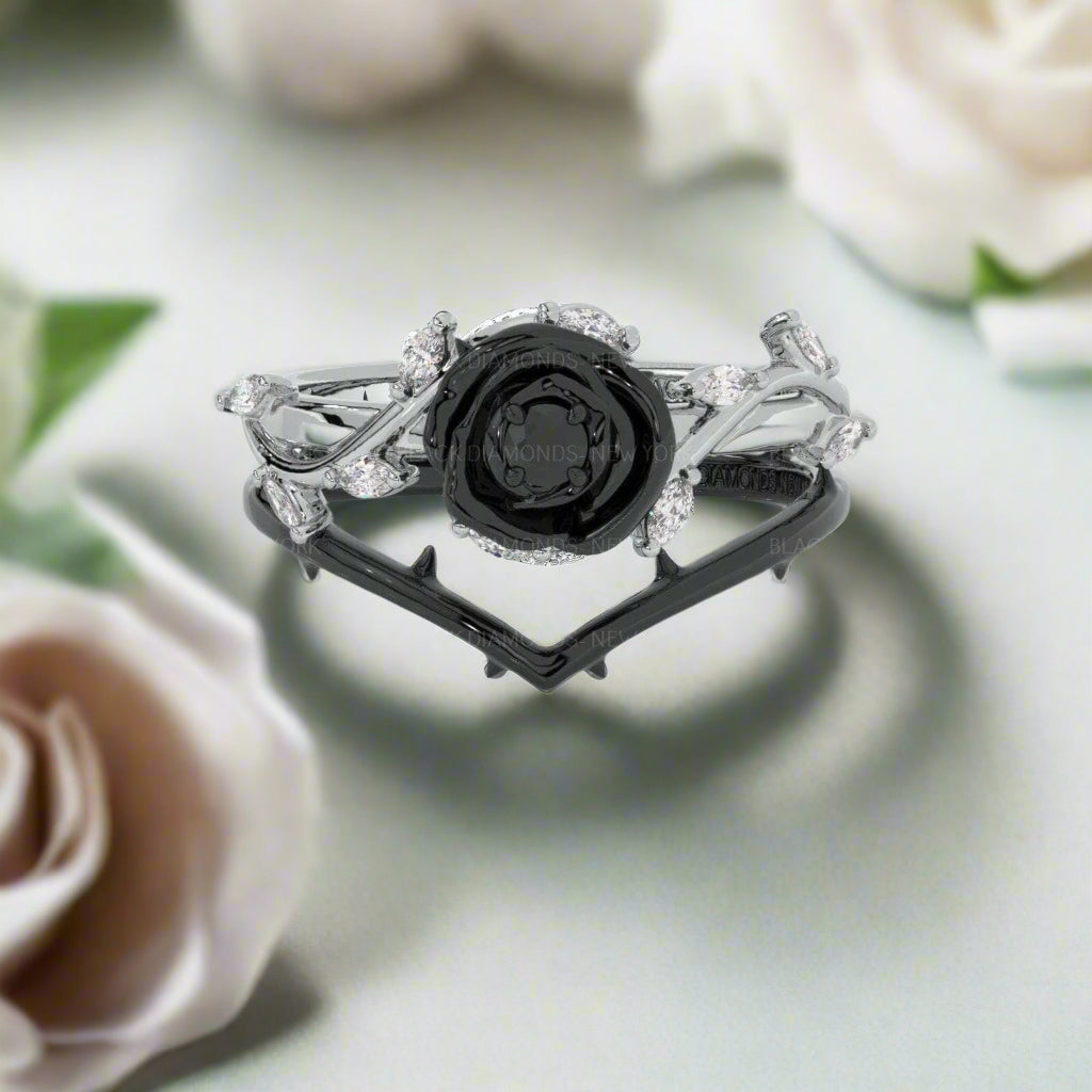 Flash Sale- Black Rose Gothic Wedding Rings in 14k Gold .50 ct Round Cut Diamond-Evani Naomi Jewelry
