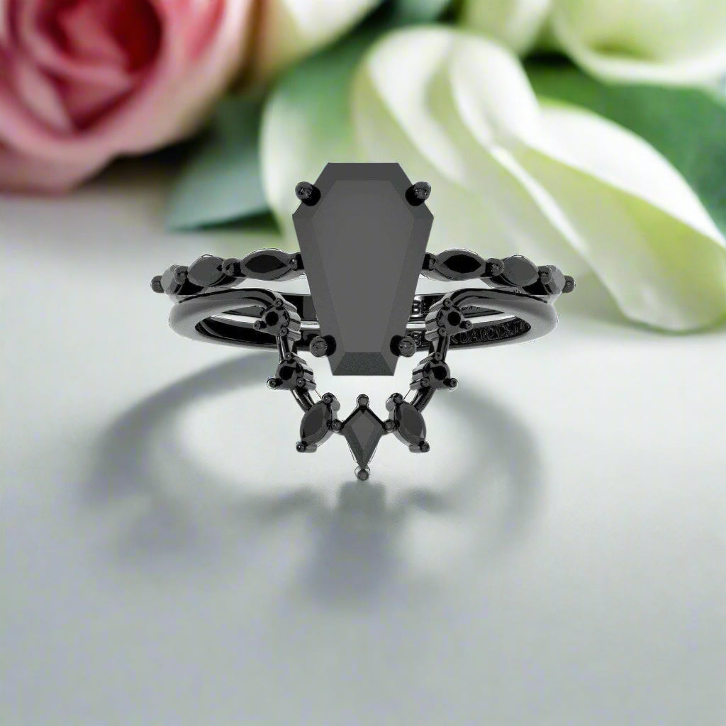 Flash Sale- Devoted To You Gothic Wedding Rings in Coffin Cut Diamond-Evani Naomi Jewelry