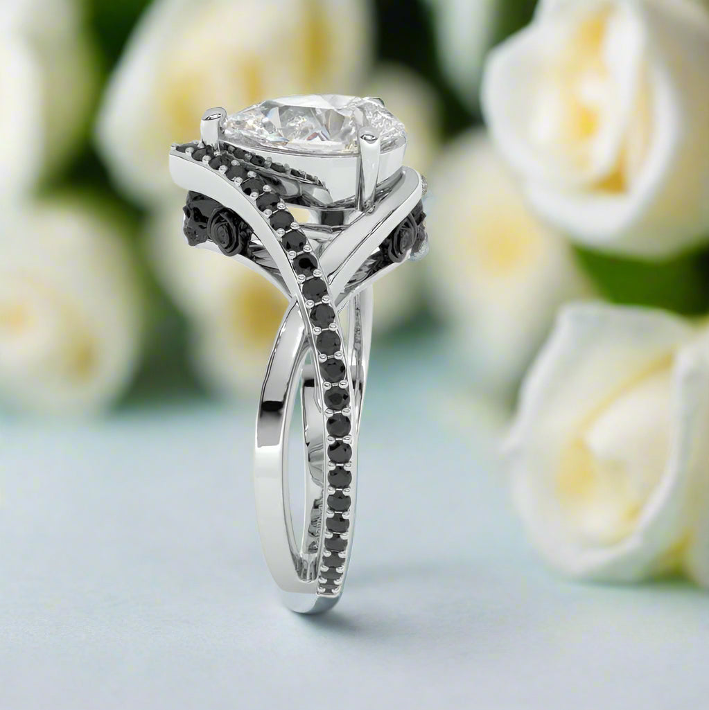 Flash Sale- Only You- Skull & Roses 1.5 ct Pear Cut Diamond Wedding Ring-Evani Naomi Jewelry