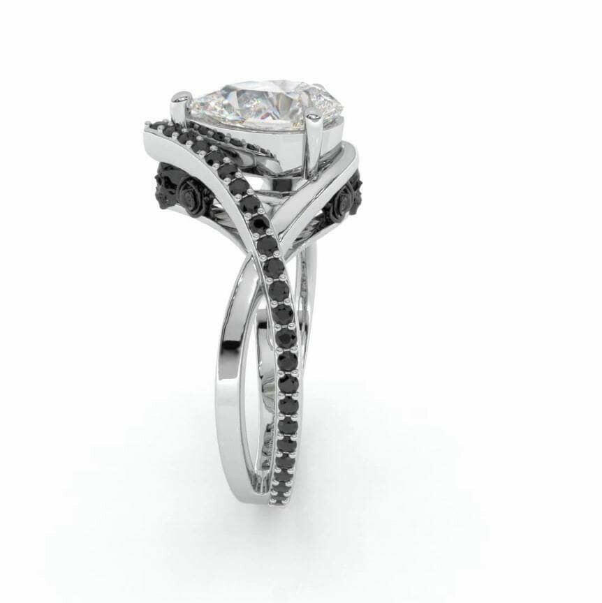 Flash Sale- Only You- Skull & Roses 1.5 ct Pear Cut Diamond Wedding Ring-Evani Naomi Jewelry