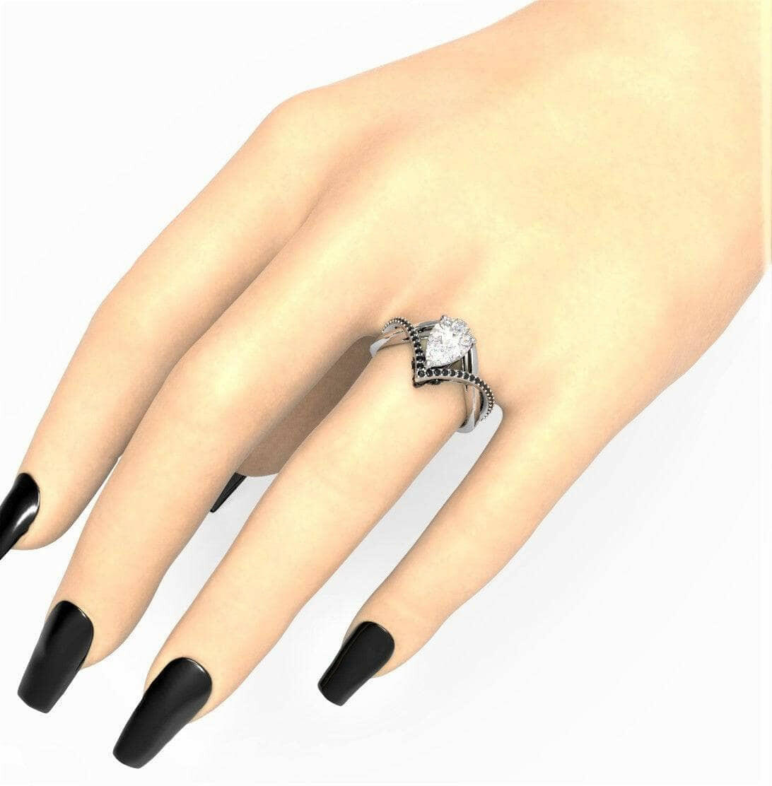 Flash Sale- Only You- Skull & Roses 1.5 ct Pear Cut Diamond Wedding Ring-Evani Naomi Jewelry
