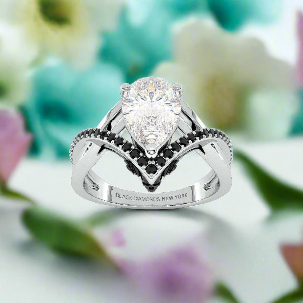 Flash Sale- Only You- Skull & Roses 1.5 ct Pear Cut Diamond Wedding Ring-Evani Naomi Jewelry