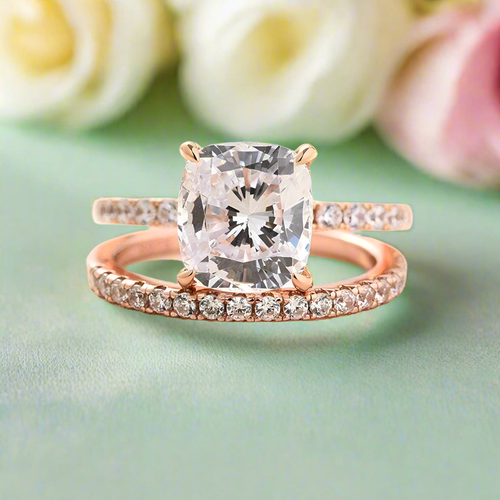 Flash Sale- Rose Gold 3.0 ct Cushion Cut Clear Simulated Sapphire Wedding Ring Set-Evani Naomi Jewelry