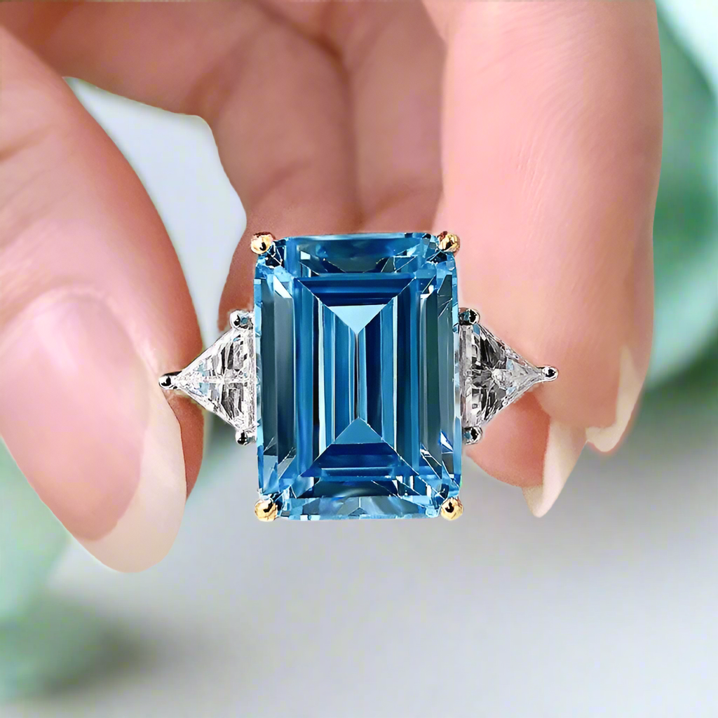 Flash Sale- Three Stone Sky Blue Diamond in Emerald Cut Engagement Ring-Evani Naomi Jewelry