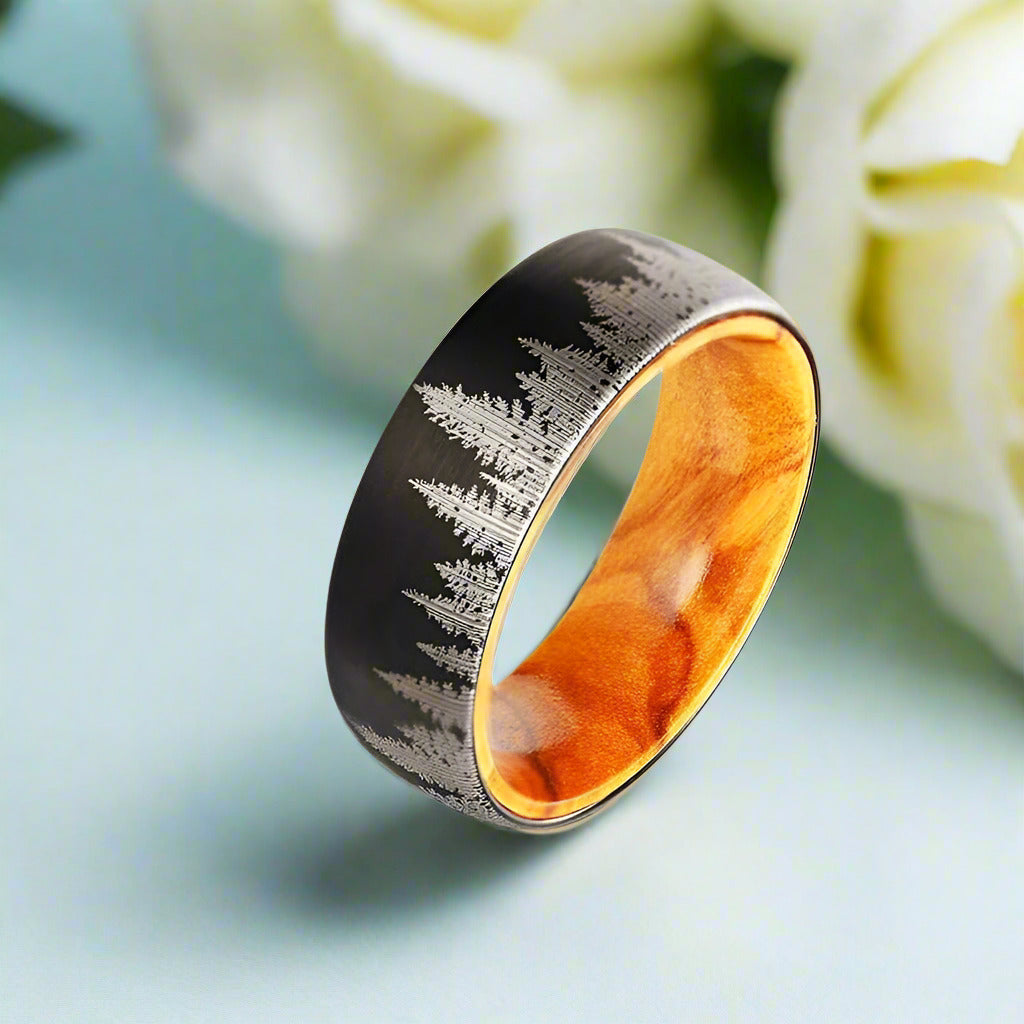 Forest Engraved 8mm Tungsten Carbide with Inner Wood Shank-Evani Naomi Jewelry