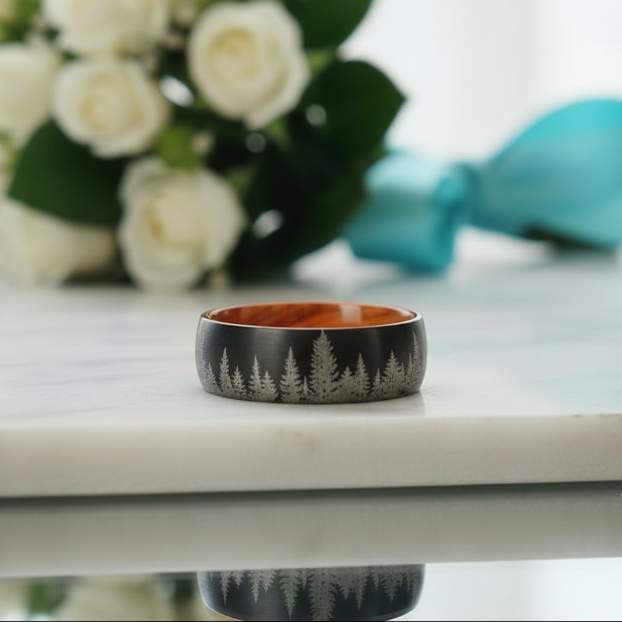 Forest Engraved 8mm Tungsten Carbide with Inner Wood Shank-Evani Jewelry