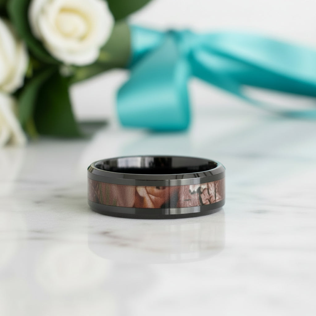 Glossy Black 8mm Ceramic Wedding Band with Camo Inlay-Evani Jewelry