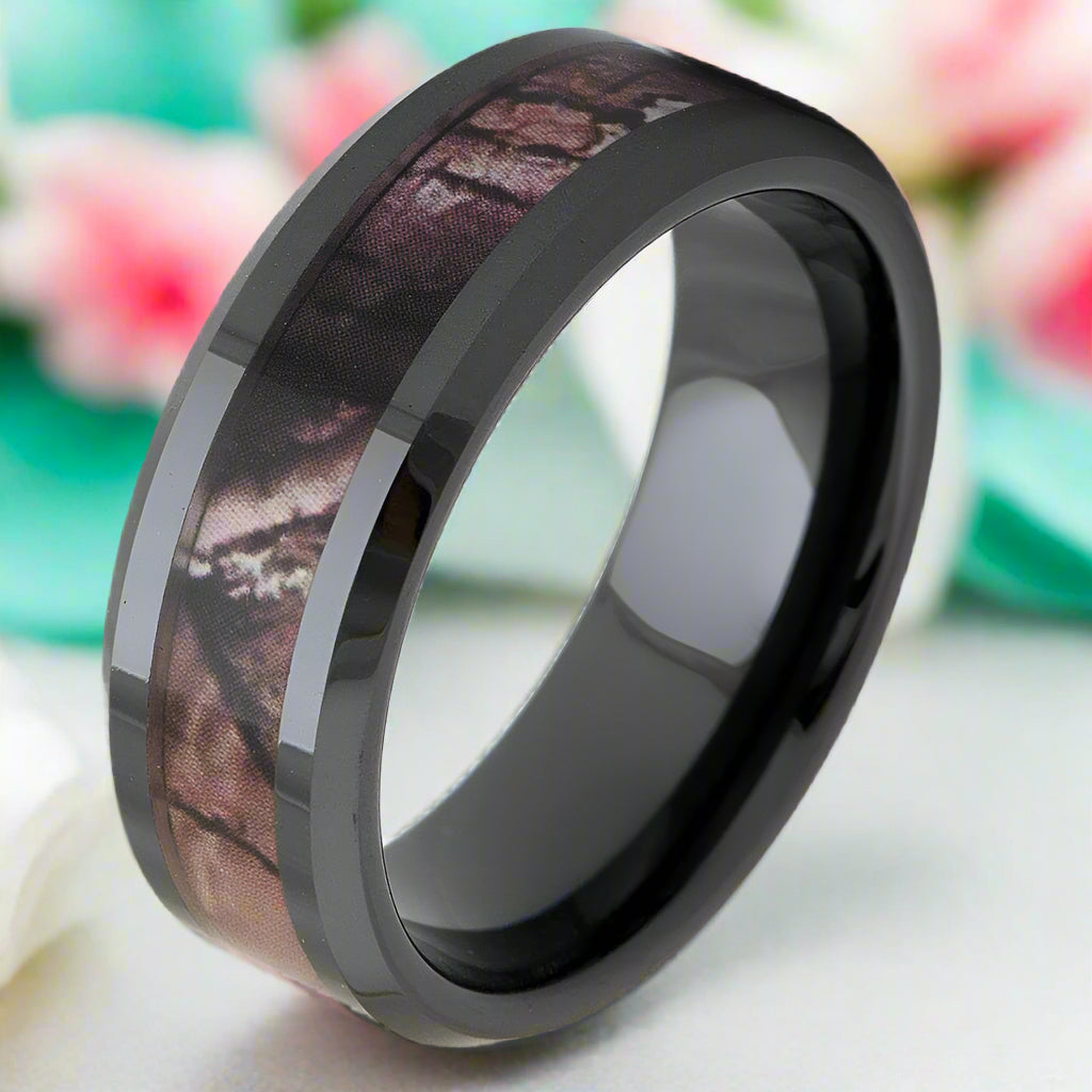 Glossy Black 8mm Ceramic Wedding Band with Camo Inlay-Evani Naomi Jewelry