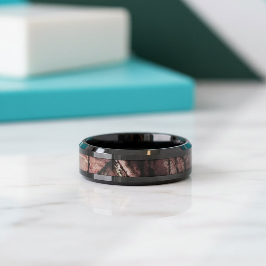 Glossy Black 8mm Ceramic Wedding Band with Camo Inlay-Evani Jewelry