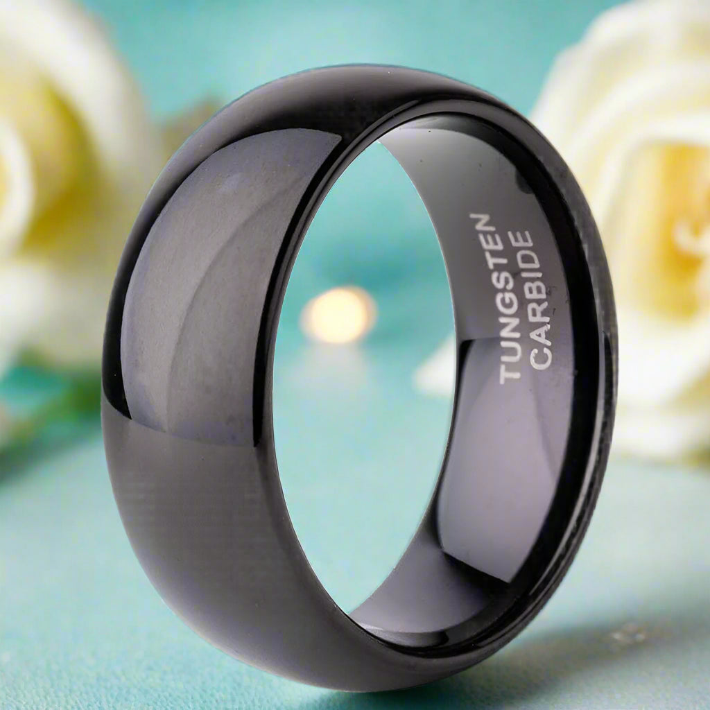 Glossy Black Dome 8mm Tungsten Carbide Wedding Band-Evani Naomi Jewelry