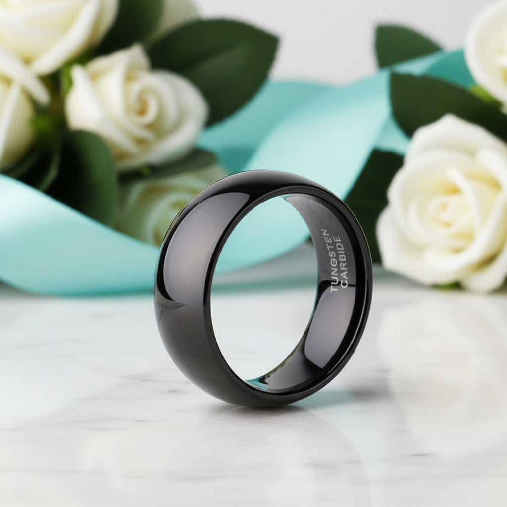 Glossy Black Dome 8mm Tungsten Carbide Wedding Band-Evani Jewelry