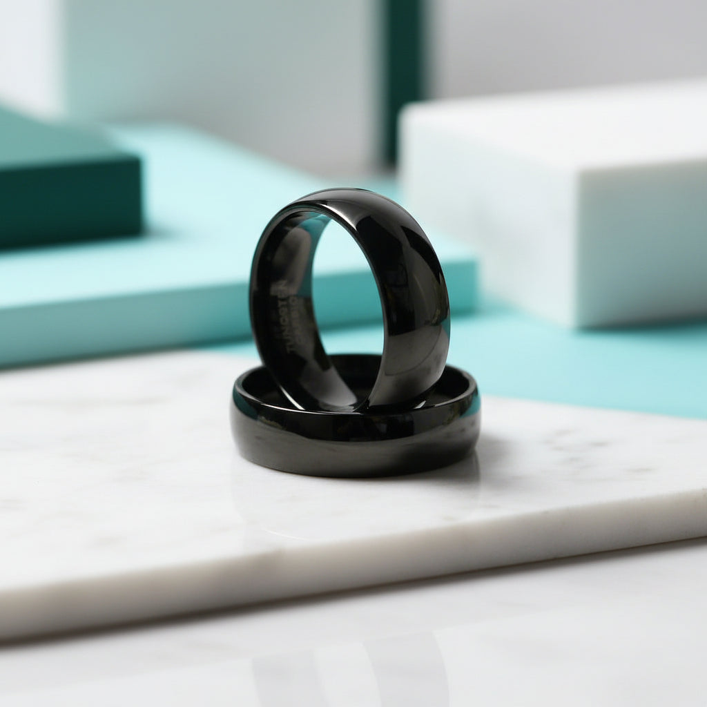 Glossy Black Dome 8mm Tungsten Carbide Wedding Band-Evani Jewelry