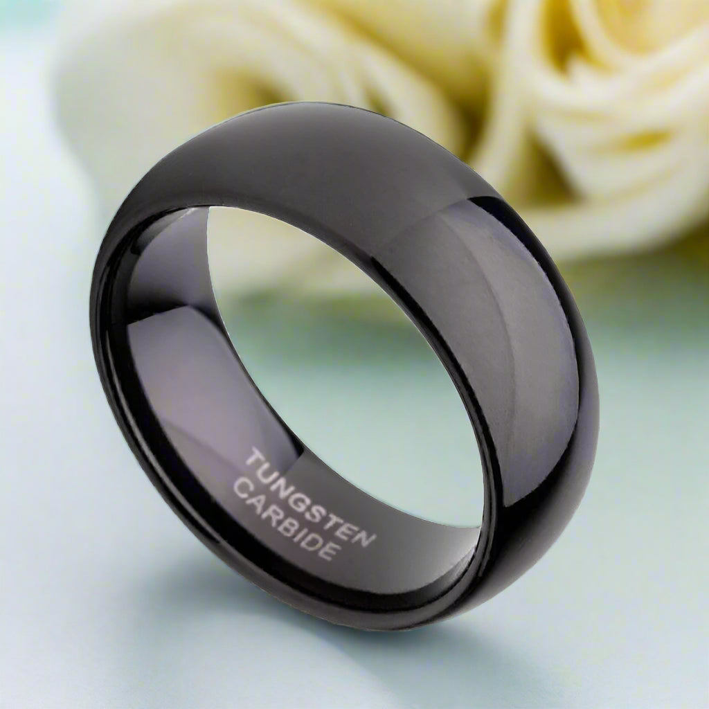 Glossy Black Dome 8mm Tungsten Carbide Wedding Band-Evani Naomi Jewelry