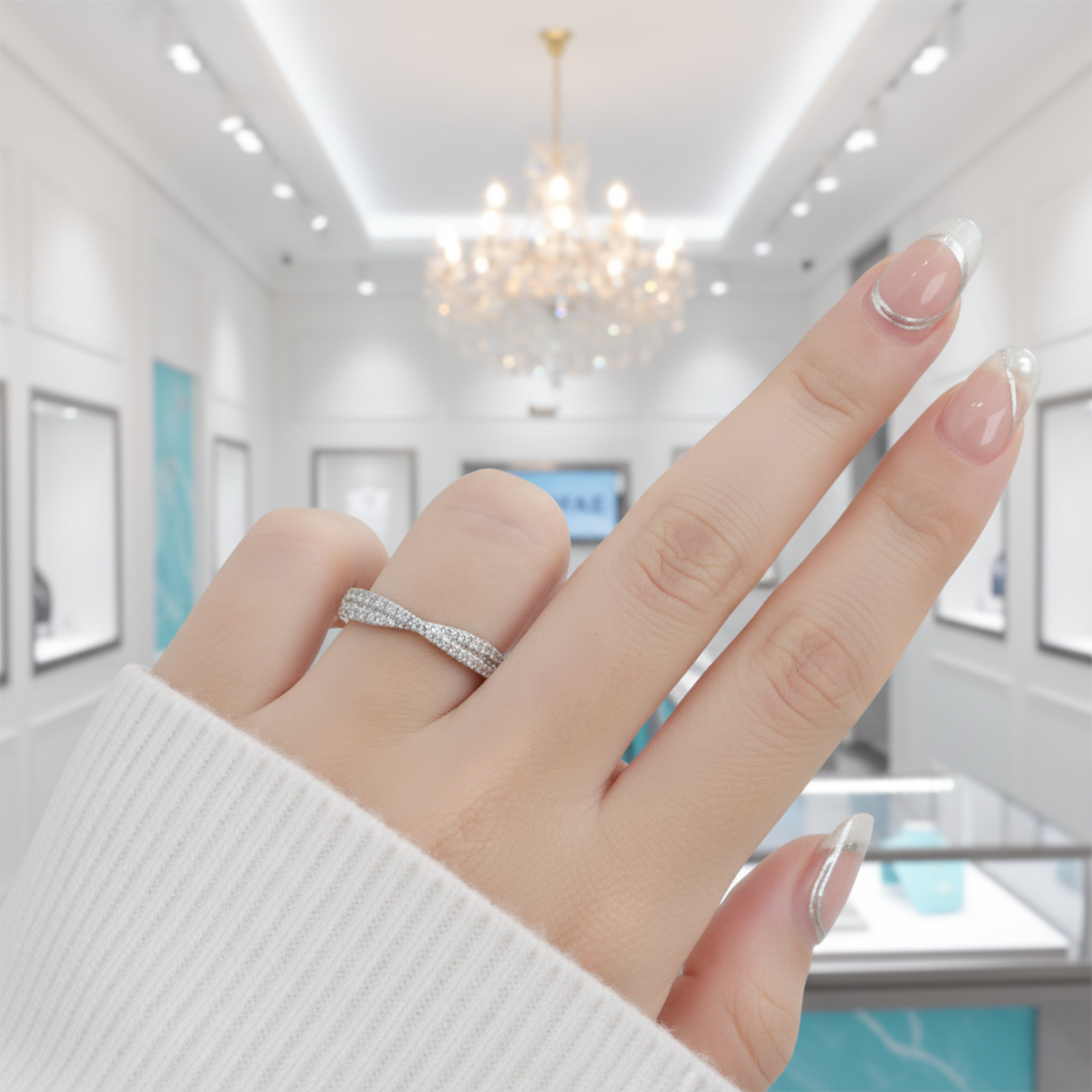 Half Eternity Diamond 14k White Gold Twisted Wedding Band-Evani Jewelry