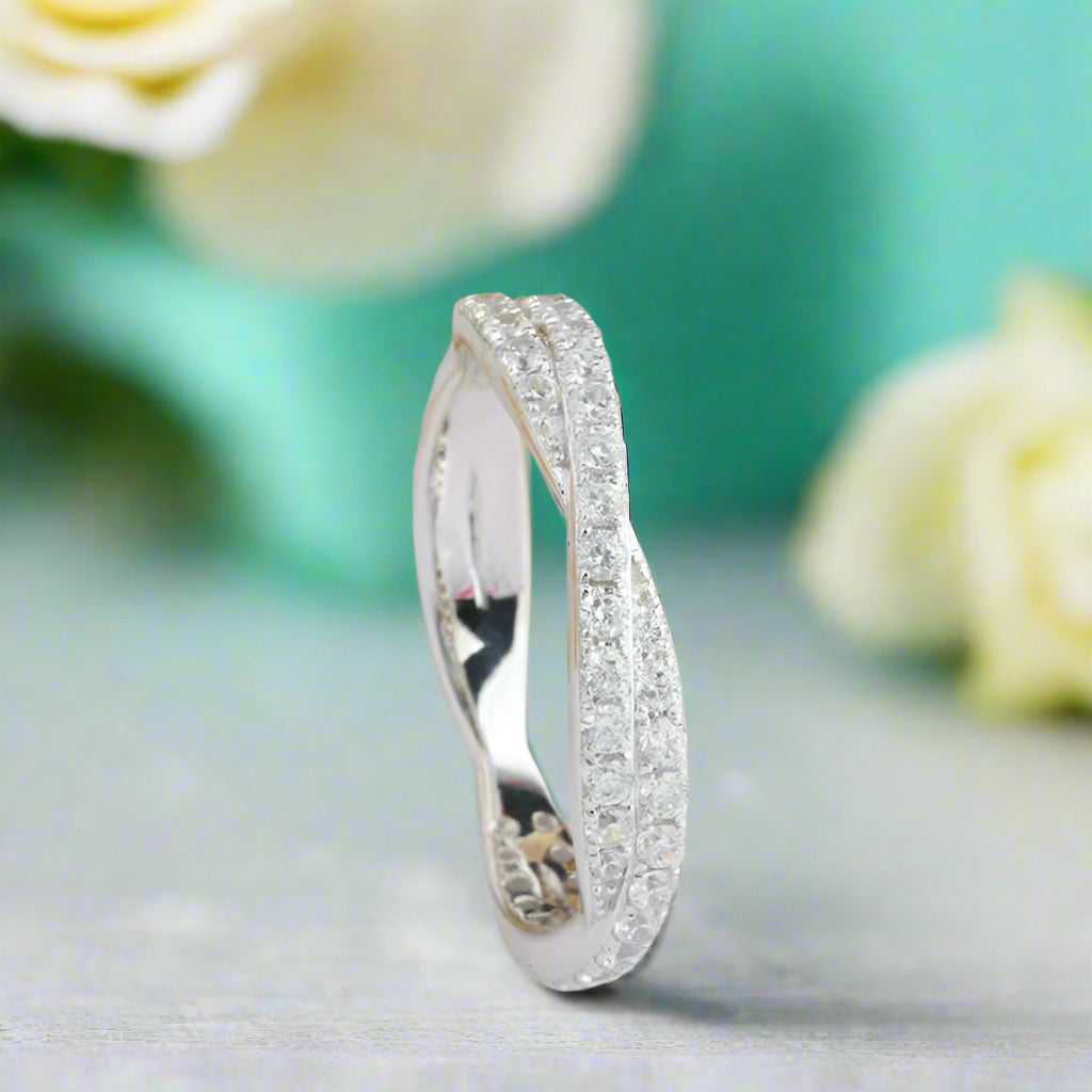 Half Eternity Diamond 14k White Gold Twisted Wedding Band-Evani Naomi Jewelry