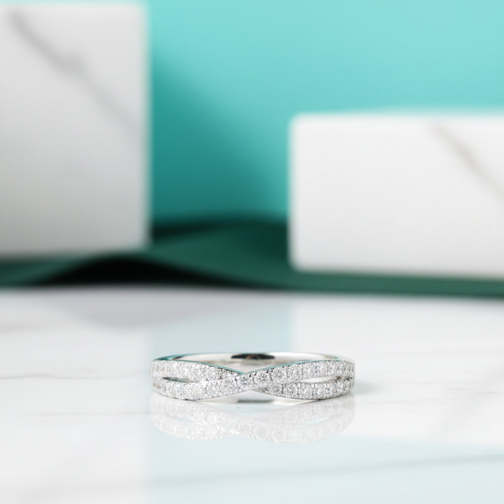 Half Eternity Diamond 14k White Gold Twisted Wedding Band-Evani Jewelry