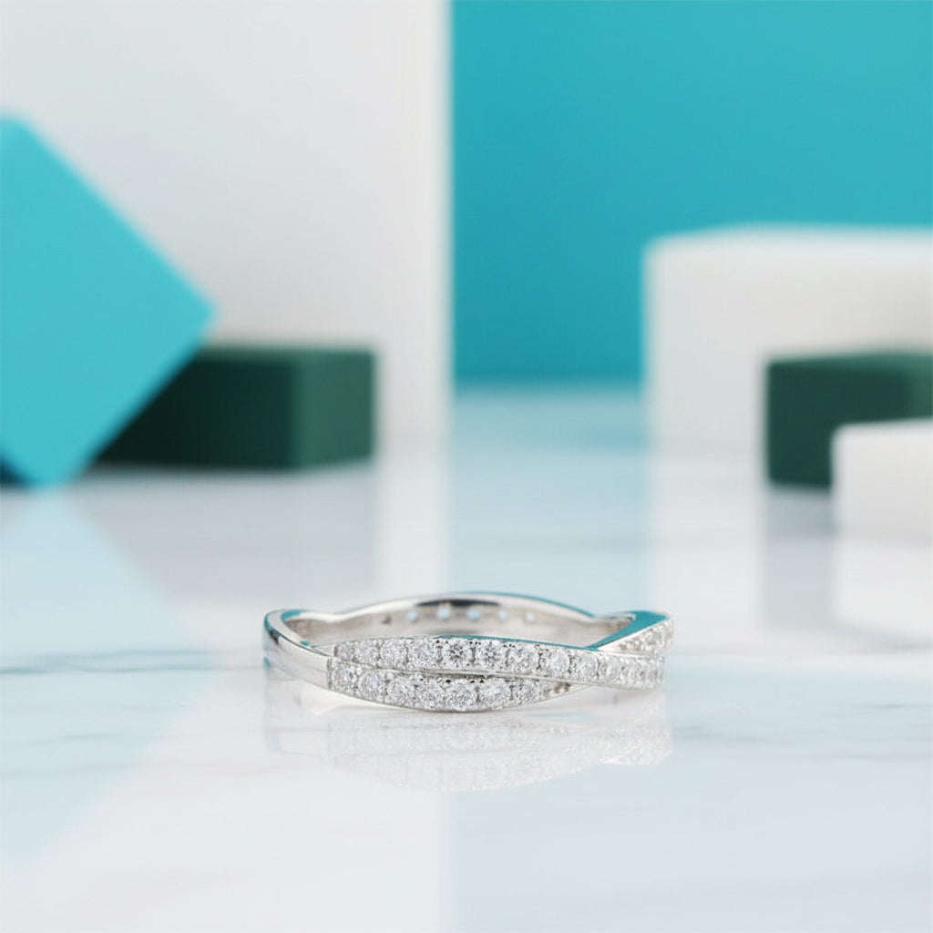Half Eternity Diamond 14k White Gold Twisted Wedding Band-Evani Jewelry