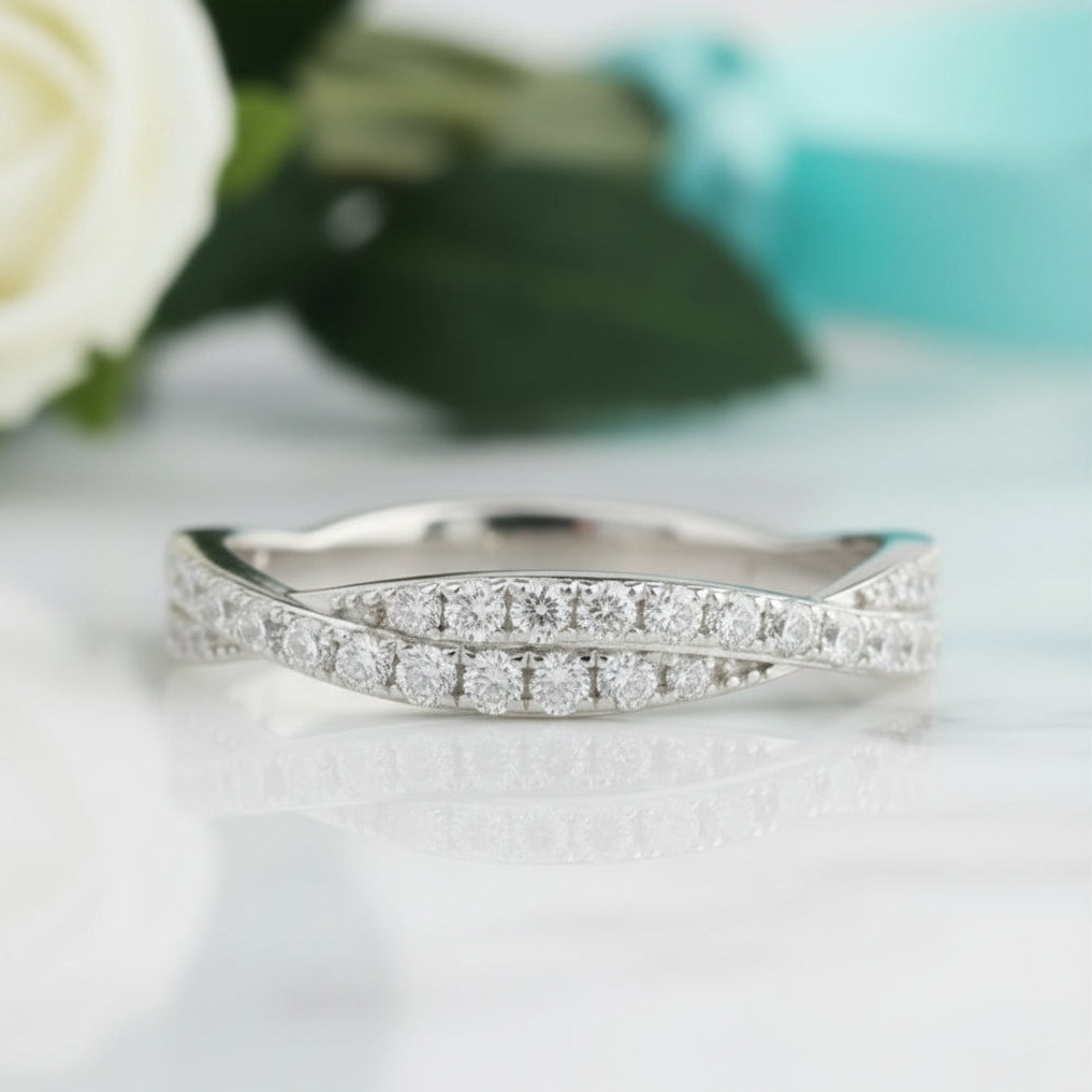 Half Eternity Diamond 14k White Gold Twisted Wedding Band-Evani Jewelry