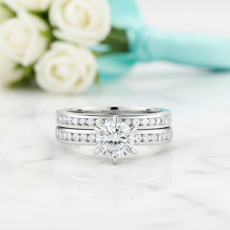 1.0 ct Half-Eternity Round Cut Diamond Ring Set-Evani Jewelry